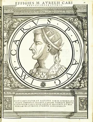 Carus, illustrazione da Imperatorum romanorum omnium orientalium et occidentalium verissimae imagines ex antiquis numismatis, xilografia di Rudolph Wyssenbach, stampata da Andreas Gesner, Zurigo
